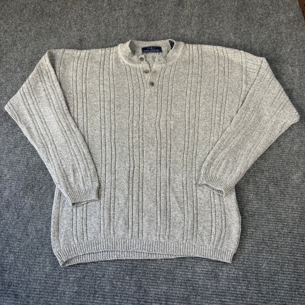 John Ashford Mens Gray Ribbed 100% Cotton Henley Sweater Large RN 13711 4001